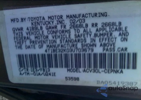 2003 Toyota Camry Le/Xle/Se from USA, damaged, VIN 4T1BE32K03U703679